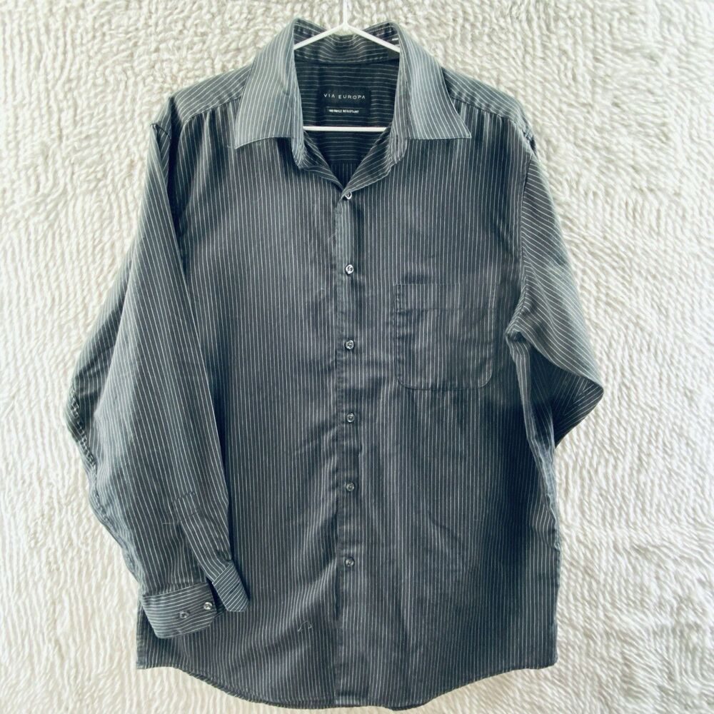 Via Europa Men's Dress Shirt Long Sleeve Blk/Wht Stripe Medium 14 1/2 32-33